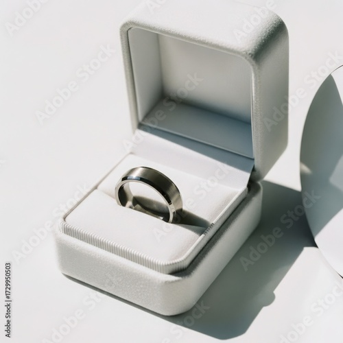 Pair of wedding bands resting inside an open, classic white velvet ring box, featuring a clean, shadow-heavy studio display mockup.