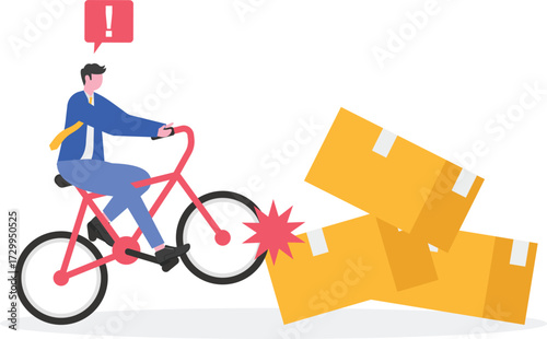 Cartoon character illustration of young man courier delivery kicking the big box.

