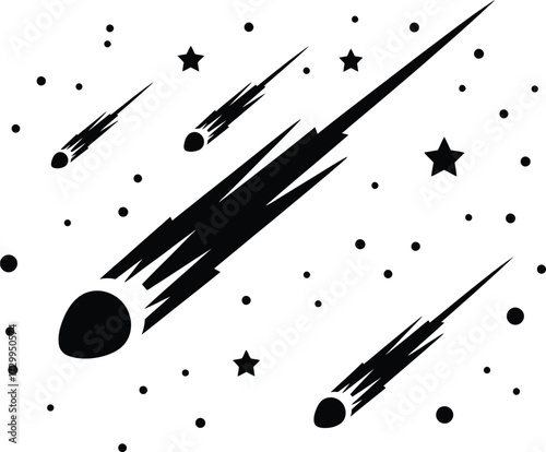 Falling meteorites and shooting stars silhouette vector in space with twinkling stars. black and white graphic illustration of comets flying through the night sky or galaxy.