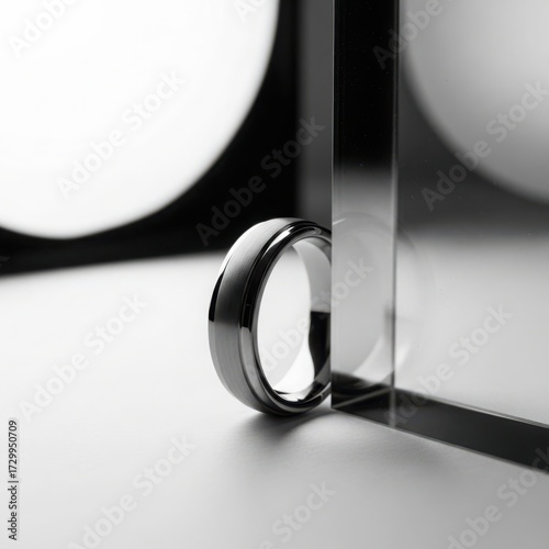 Men's black wedding band positioned next to a curved white backdrop, emphasizing a bold, architectural, and minimalist jewelry display mockup.