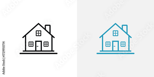 Home Outline with Chimney, Door, and Windows in Black and Blue on a White Background