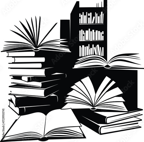 Silhouette vector of open and closed books stacked, with a bookshelf filled with literature in the background. black and white graphic design for education or library.