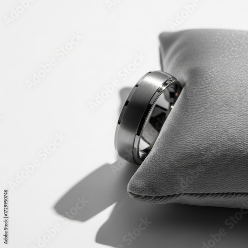 Pair of black tungsten wedding bands resting on a grey velvet cushion, creating a soft, sophisticated, and masculine jewelry mockup.