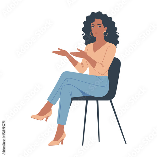 Confident woman with curly hair sitting on a chair gesturing with hands engaging in conversation or presentation illustration