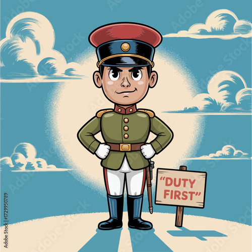 Vintage military guard, smart uniform with red cap, standing beside duty sign, patriotic parade poster, classic illustrated character