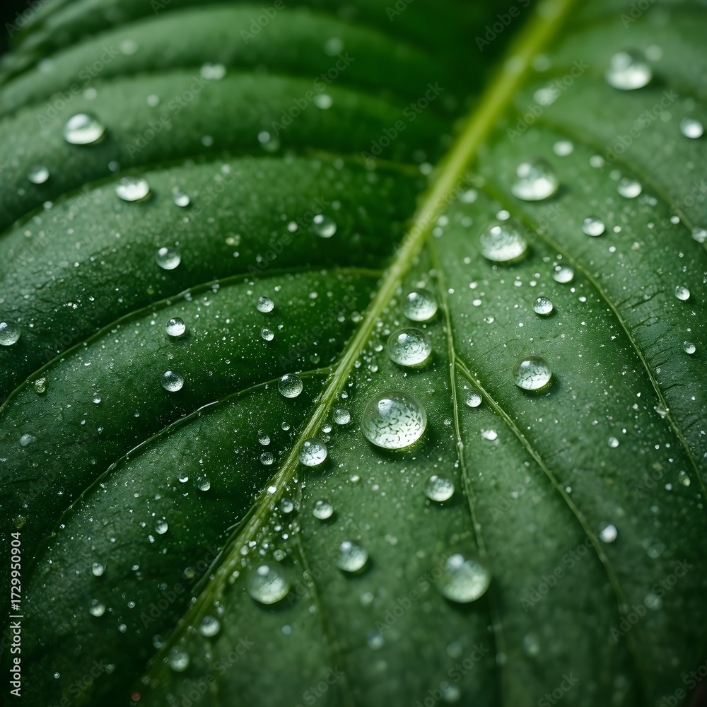 Fototapeta premium Raindrops on a verdant leaf with intricate veins and organic accents
