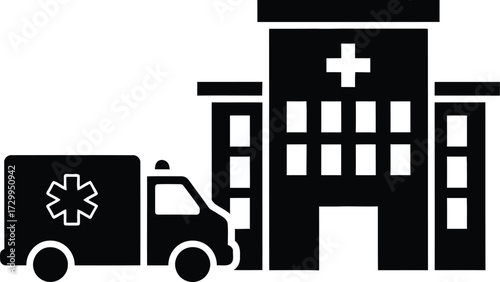 Hospital building with a cross symbol and an ambulance silhouette vector parked outside. black and white emergency and healthcare concept illustration for medical services.