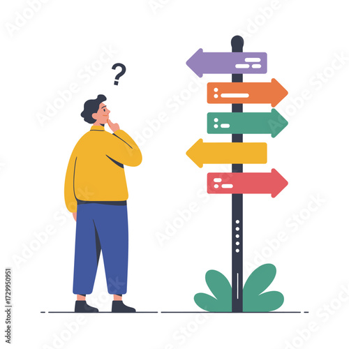 Confused person standing before crossroads signpost pondering decision and question mark above head illustration