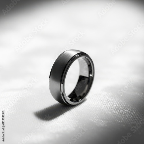 Close-up of a sleek black tungsten band with a sharp reflection, isolated on a white background for a clean, modern, product photography mockup.