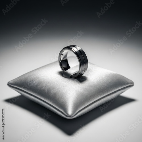 Single men's tungsten ring on a small grey satin pillow, captured with dramatic, focused overhead lighting for a powerful mockup.