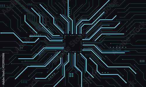 Abstract glowing circuit board and microchip technology symbolizing digital networks and data isolated on black  background