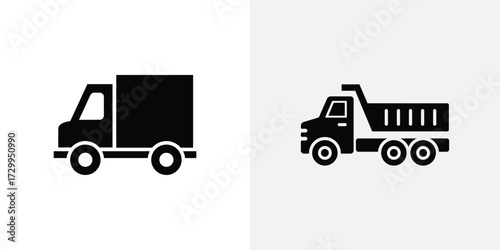 Isolated Heavy Truck and Delivery Van Icons in Black on White Background