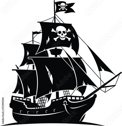 Pirate ship silhouette vector with sails and the jolly roger flag flying. black and white illustration of an old sailing boat, frigate, or galleon for an adventure concept.