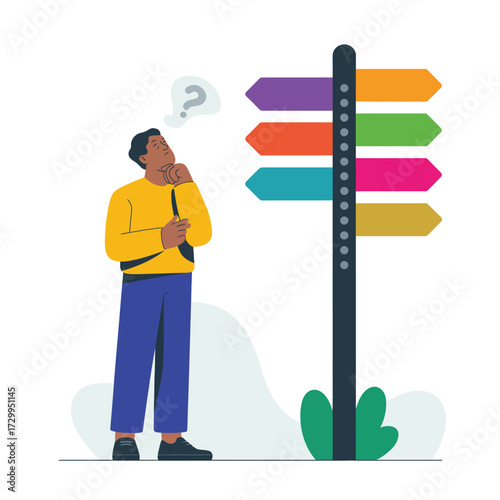 Man standing next to a colorful directional signpost pondering life choices and future paths forward illustration