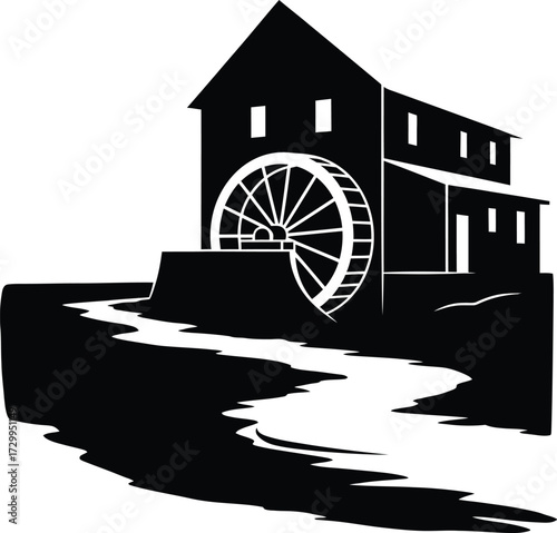 Old water mill silhouette vector on a stream with a flowing river and rotating wheel. black and white woodcut-style illustration of a vintage grain mill or factory.