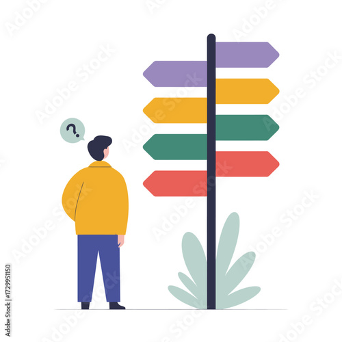 Man standing at crossroads signpost pondering choices business strategy decision making career path options illustration