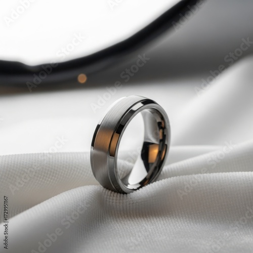 Men's black tungsten wedding band standing on a smooth white satin surface, captured with soft light for a sophisticated product display mockup.