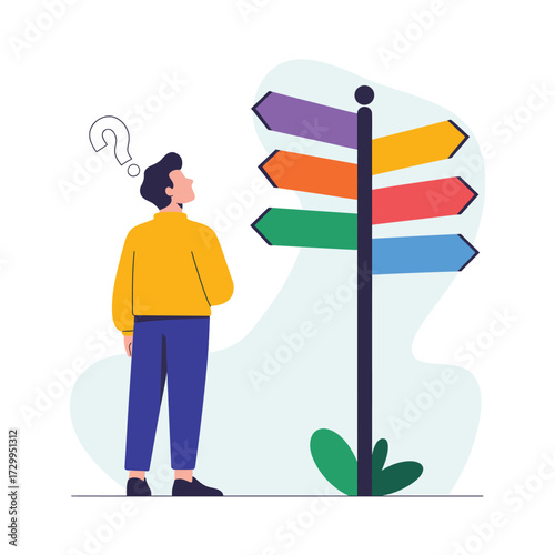 Confused man standing at crossroads with multiple directional signposts making difficult decision concept illustration