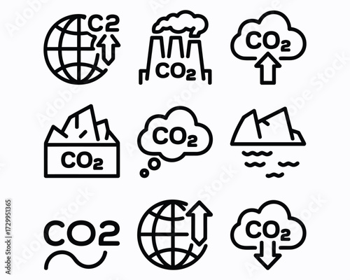 Collection of Carbon Dioxide Emission Icons Depicting Greenhouse Gas Effects on the Planet in Bold Line Style and White Background