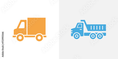 Orange Delivery Truck & Blue Dump Truck Isolated on White Icon Designs
