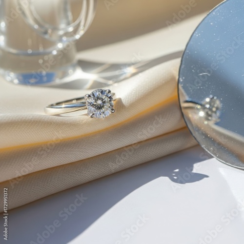 Diamond ring placed near a cocktail glass on a reflective white surface, creating a bright, elegant, and luxurious engagement visual.