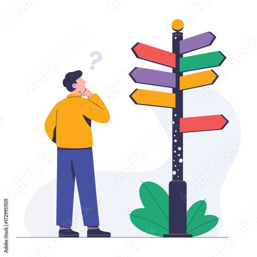Man standing at crossroads signpost pondering life choices and decisions with question marks above head illustration