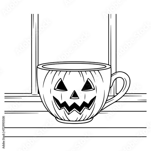 A coffee cup designed to look like a carved Halloween pumpkin, complete with a scary face, sits on a windowsill. Simple monochrome vector illustration for party invitations or seasonal cafe menus.