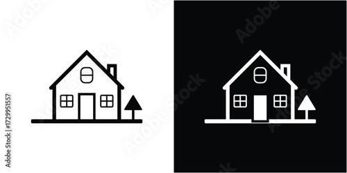 Simple House Outline with Tree, Windows, Door on Black and White Backgrounds
