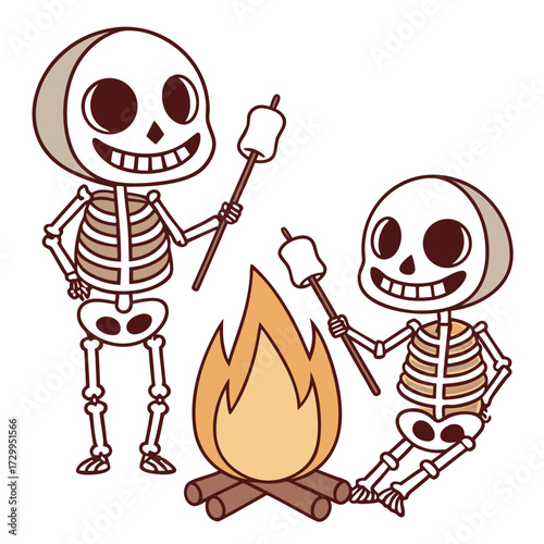Two cartoon skeletons roast marshmallows over a crackling campfire on a white backdrop