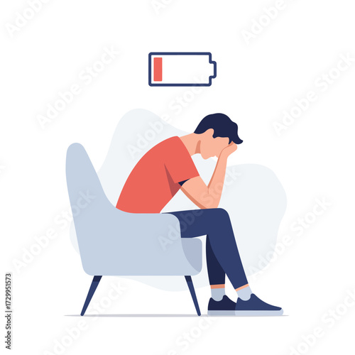 Man sitting depressed on chair with low battery icon above symbolizing burnout exhaustion mental health illustration
