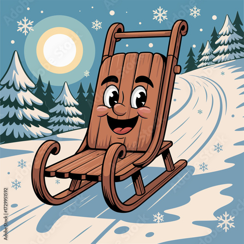 Vintage wooden sled mascot, smiling sledge on snowy hill, winter landscape background, outdoor fun illustration, retro holiday graphic