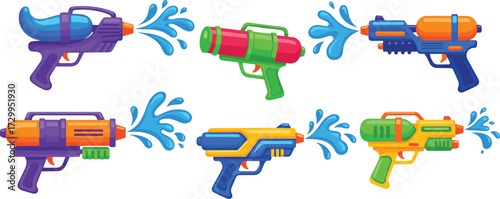 Colorful water guns vector set, toy squirt guns illustration, plastic water blasters, summer fun weapons, kids toys, splash effect