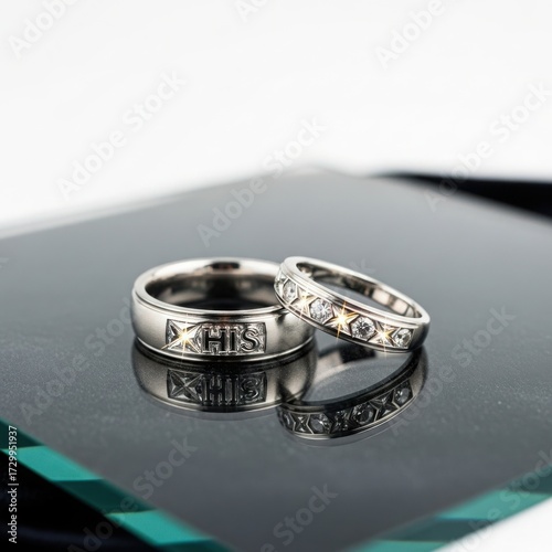 Pair of sleek wedding bands resting on a highly reflective black glass surface, emphasizing a modern, sharp, and luxurious jewelry mockup.
