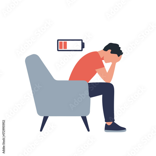 Man with hands covering face exhausted sitting in armchair low battery symbol above representing burnout and fatigue illustration