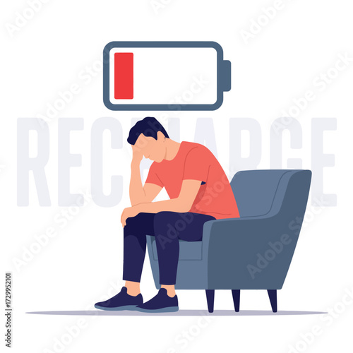 Person feeling drained and exhausted sitting in chair with low battery icon symbolizing depletion and need for recovery illustration