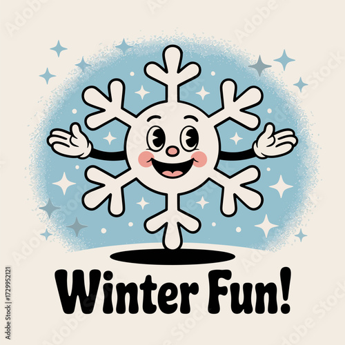 Winter fun snowflake, happy cartoon character with text banner, playful seasonal logo, family holiday promotion graphic, cheerful illustration