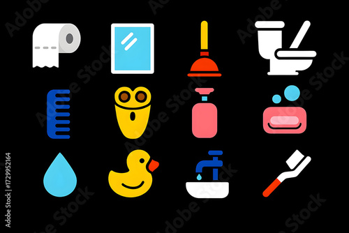 Modern Washroom Icons Set – Colorful Bathroom Equipment & Emoji Symbols on Black Background