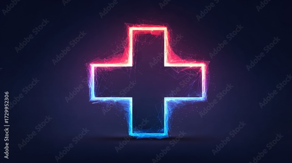 Obraz premium Glowing Medical Symbol: A vibrant medical cross symbol glows with a striking neon outline against a dark backdrop, it is evoking a sense of health, care and cutting-edge healthcare.