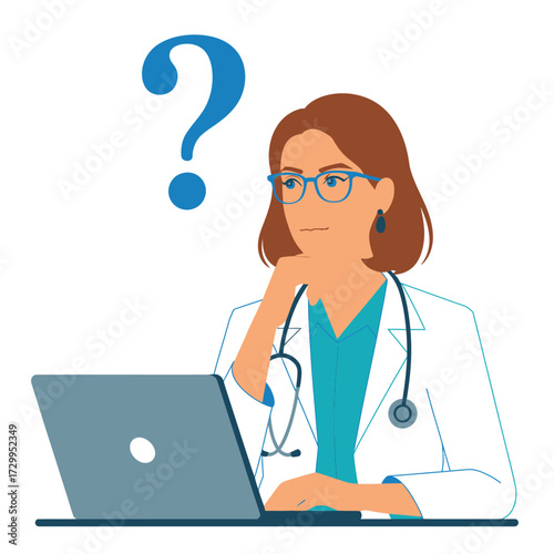 Doctor pondering medical mystery with laptop and question mark conceptual art illustration