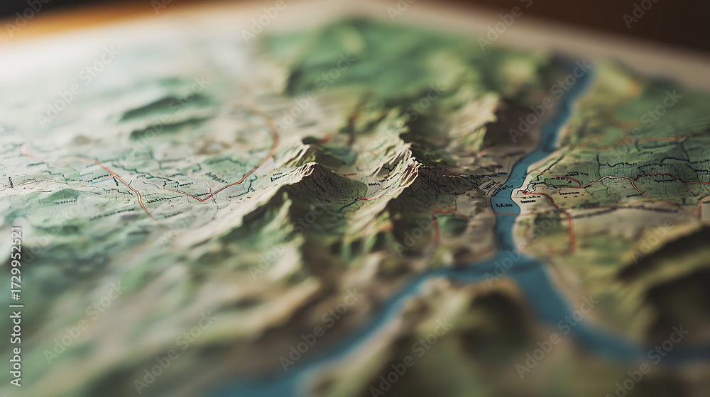 Fototapeta premium Elevated terrain map detailing mountainous regions and waterways. Topographical representation showcases intricate details. Geographical exploration aid.