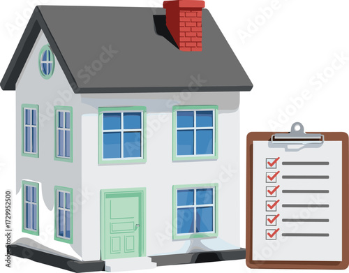 Cute cartoon house with checklist clipboard — home inspection, real estate evaluation, property assessment, or moving checklist concept on white background.