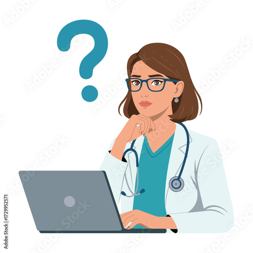 Confused female doctor pondering question near laptop and question mark symbol medical consultation concepts illustration