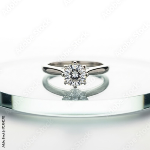 Brilliant diamond halo ring on a clear acrylic disc, captured with clean, high-key studio lighting for an isolated product mockup.