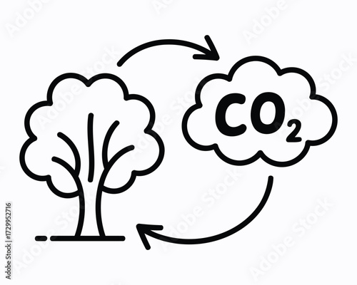 Carbon Cycle Representation Showcasing Trees Absorbing Carbon Dioxide and Contributing to Environmental Balance Featuring Arrows Representing the Exchange Process