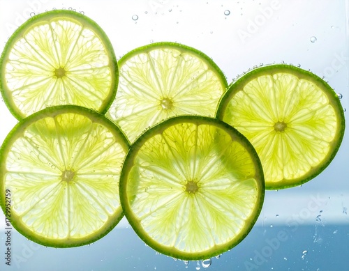 Fresh, bright green lime slices on a clean white background, emphasizing their citrus nature and healthy, juicy fruit quality.
