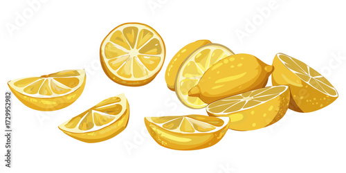 Lemon Collection: Whole, Sliced, Halved and Quartered Lemon on Transparent Background.