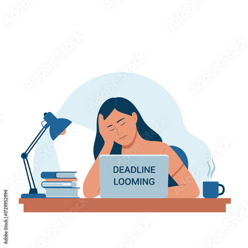 Stressed woman working late under desk lamp facing deadline looming on laptop screen overwhelmed at work illustration
