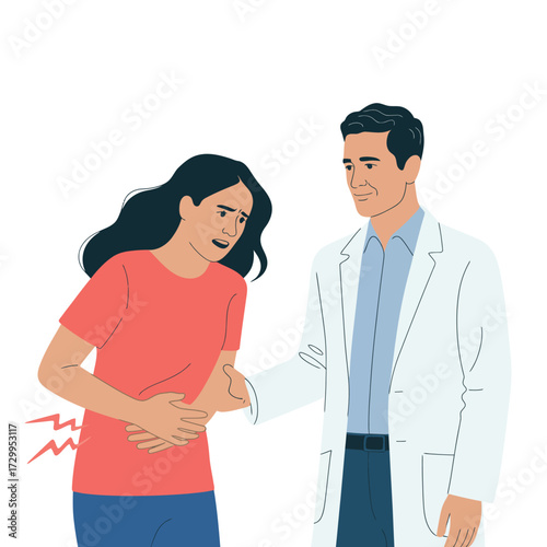 Doctor consults patient experiencing abdominal pain medical consultation healthcare patient care and illness diagnosis illustration