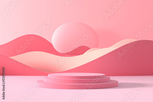 Ultra-modern minimalist premium 3D background with a curved white shell podium and steps, casting a sharp diagonal shadow on a pristine white wall.