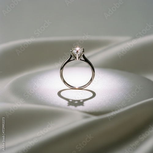 Brilliant solitaire diamond engagement ring with a prong setting, dramatically lit on flowing white satin to emphasize sparkle and shadow.